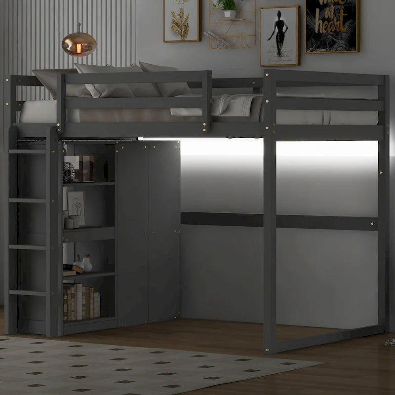Full Size Wood Loft Bed with Built-in Wardrobe and Storage Shelves, Led light