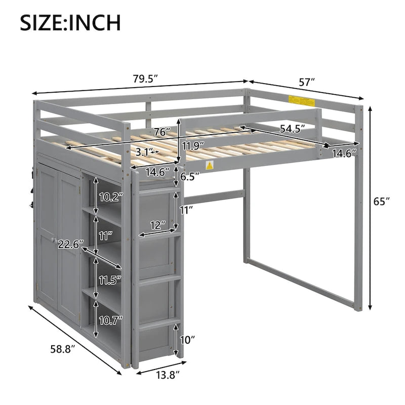 Full Size Wood Loft Bed with Built-in Wardrobe and Storage Shelves, Led light