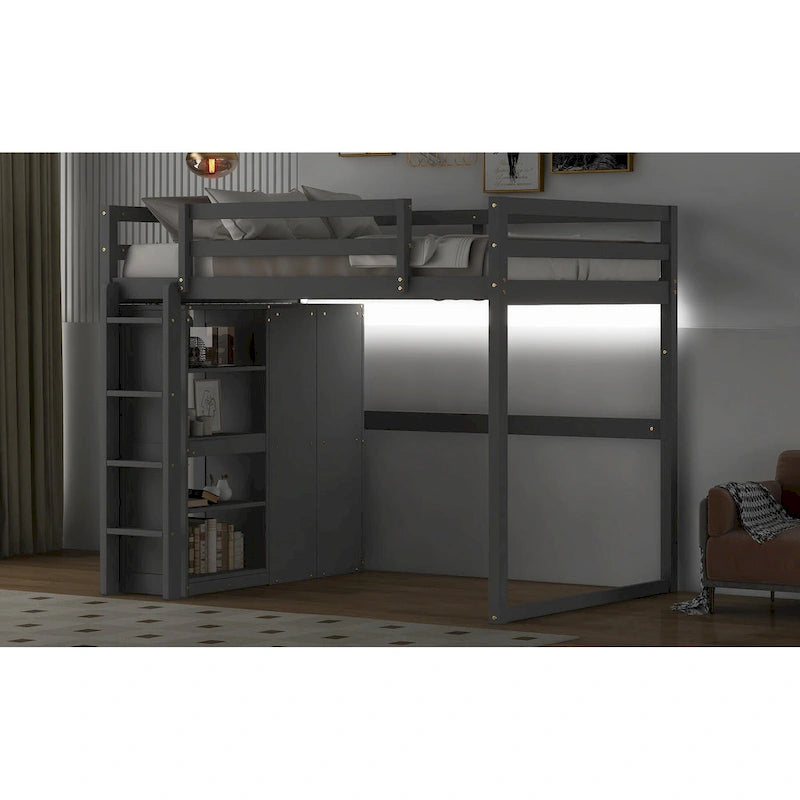 Full Size Wood Loft Bed with Built-in Wardrobe and Storage Shelves, Led light