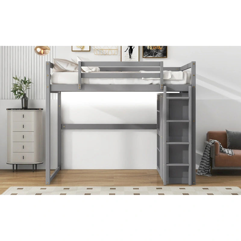Full Size Wood Loft Bed with Built-in Wardrobe and Storage Shelves, Led light