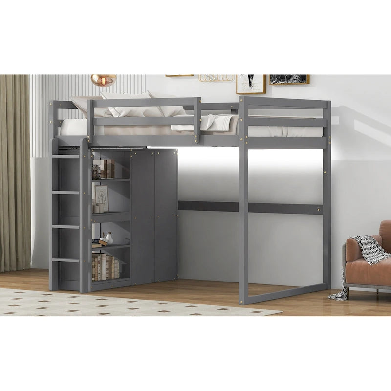 Full Size Wood Loft Bed with Built-in Wardrobe and Storage Shelves, Led light