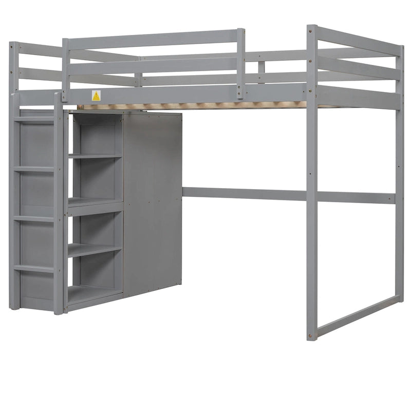 Full Size Wood Loft Bed with Built-in Wardrobe and Storage Shelves, Led light