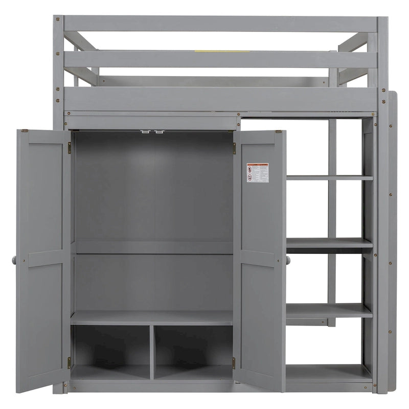 Full Size Wood Loft Bed with Built-in Wardrobe and Storage Shelves, Led light