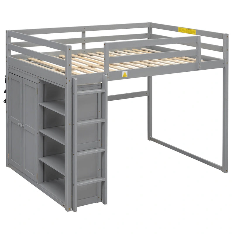 Full Size Wood Loft Bed with Built-in Wardrobe and Storage Shelves, Led light