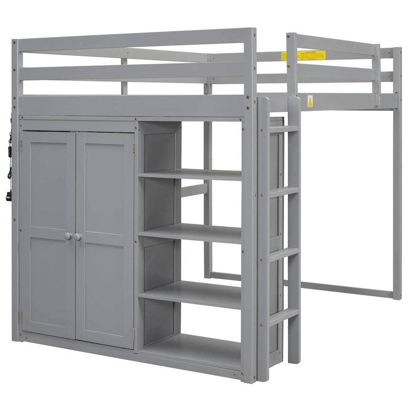 Full Size Wood Loft Bed with Built-in Wardrobe and Storage Shelves, Led light