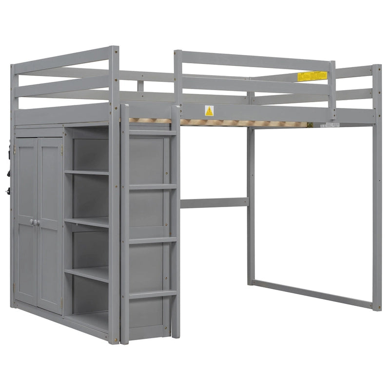 Full Size Wood Loft Bed with Built-in Wardrobe and Storage Shelves, Led light