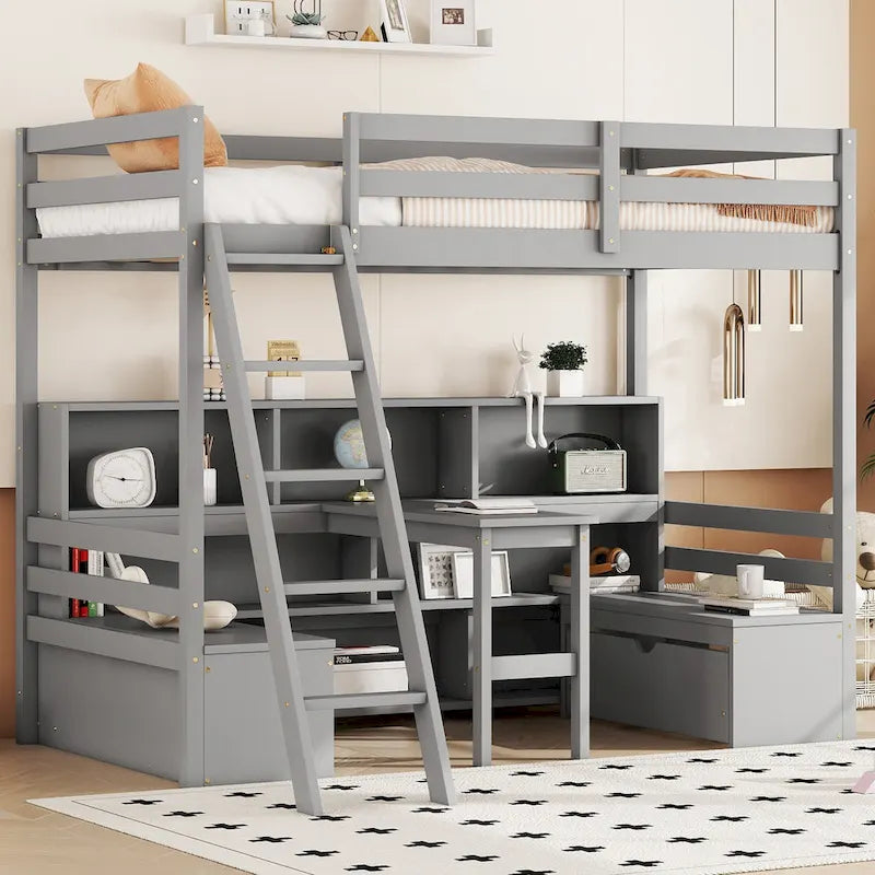 Twin Size Wood Loft Bed with Storage Shelves