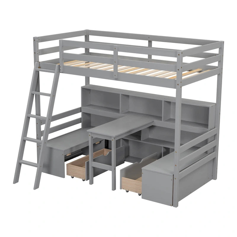 Twin Size Wood Loft Bed with Storage Shelves