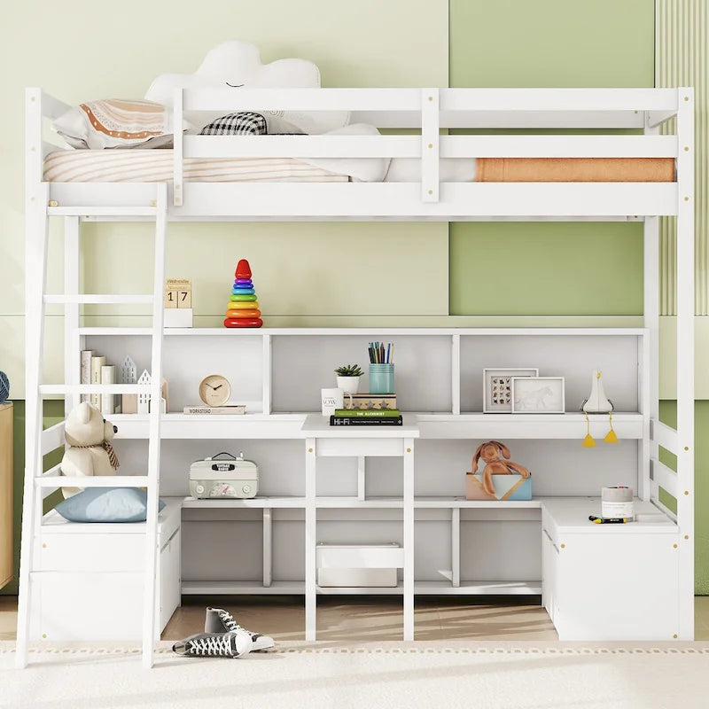 Twin Size Wood Loft Bed with Storage Shelves