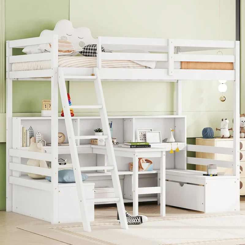 Twin Size Wood Loft Bed with Storage Shelves