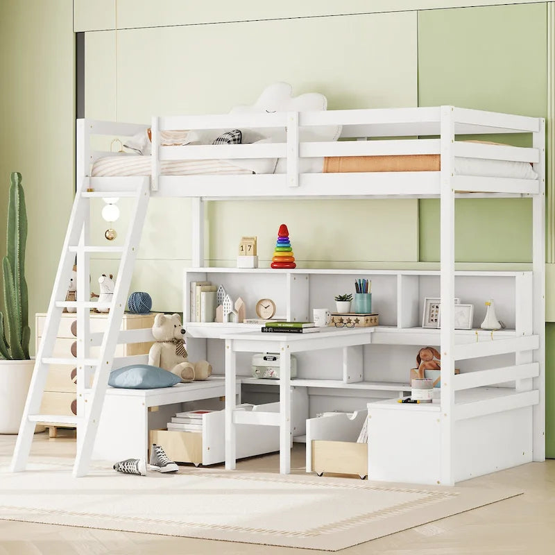 Twin Size Wood Loft Bed with Storage Shelves