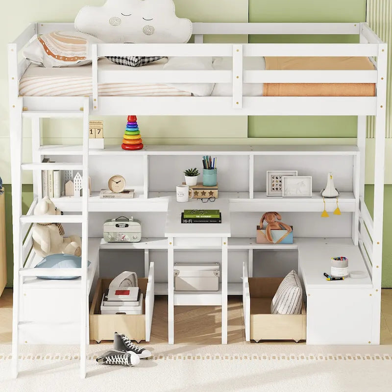 Twin Size Wood Loft Bed with Storage Shelves