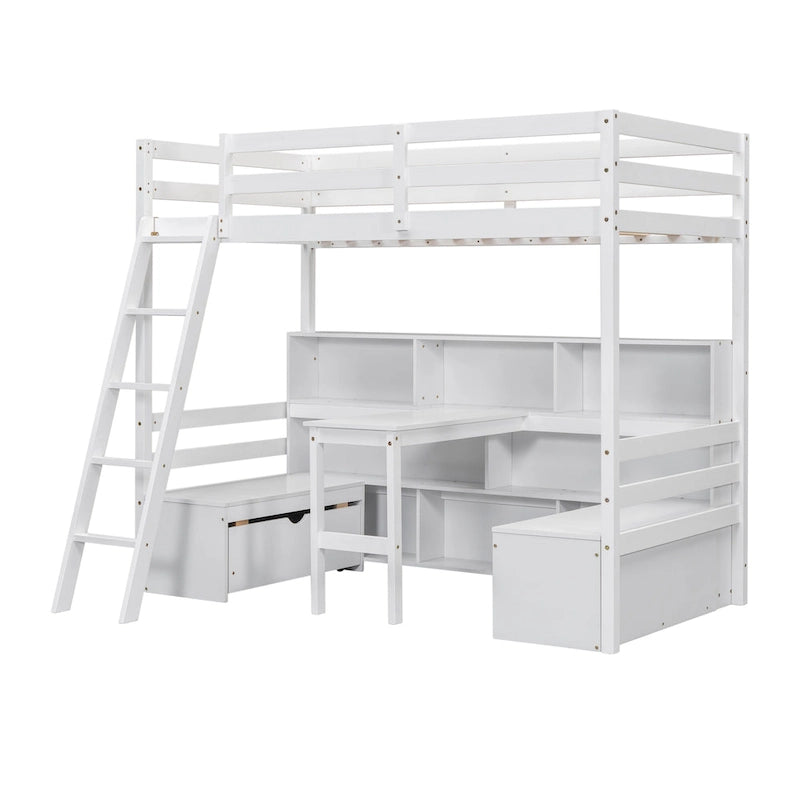 Twin Size Wood Loft Bed with Storage Shelves