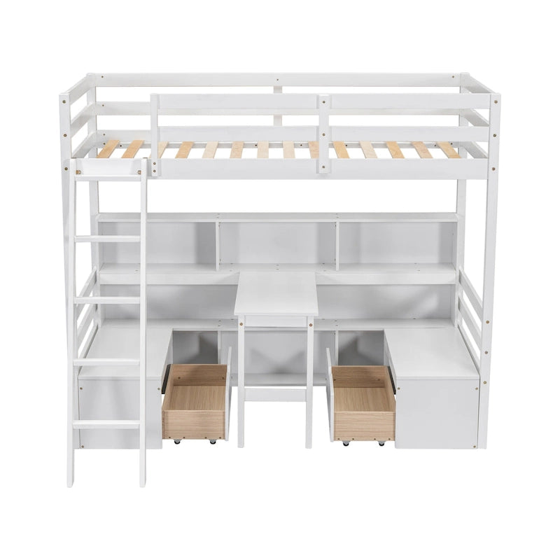 Twin Size Wood Loft Bed with Storage Shelves