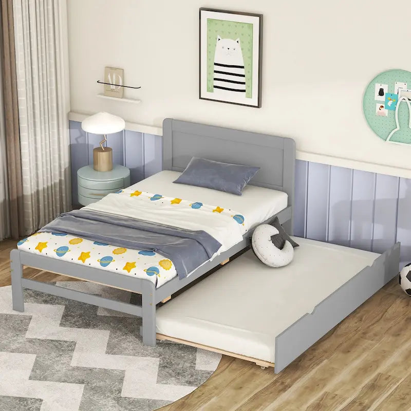 Grey Wood Twin Bed with Trundle