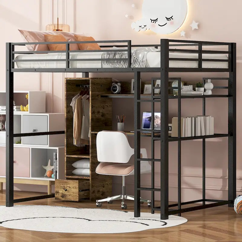 Full Size Metal Loft Bed with Built-in Wardrobe, Drawer, Desk and Shelves