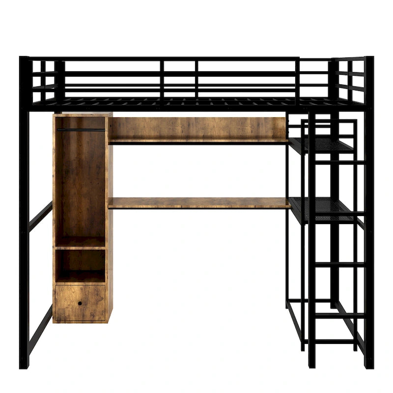 Full Size Metal Loft Bed with Built-in Wardrobe, Drawer, Desk and Shelves