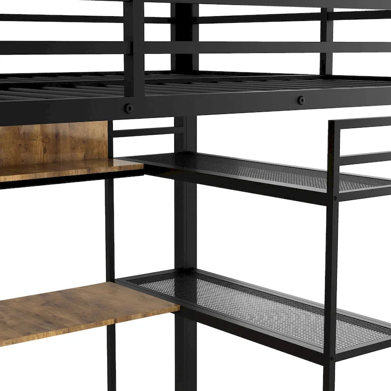 Full Size Metal Loft Bed with Built-in Wardrobe, Drawer, Desk and Shelves