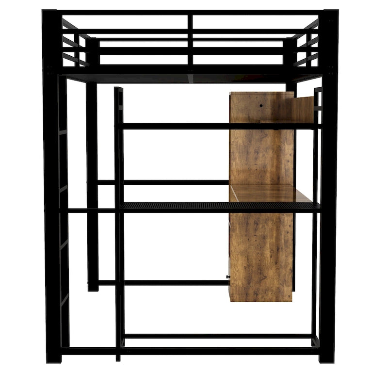 Full Size Metal Loft Bed with Built-in Wardrobe, Drawer, Desk and Shelves