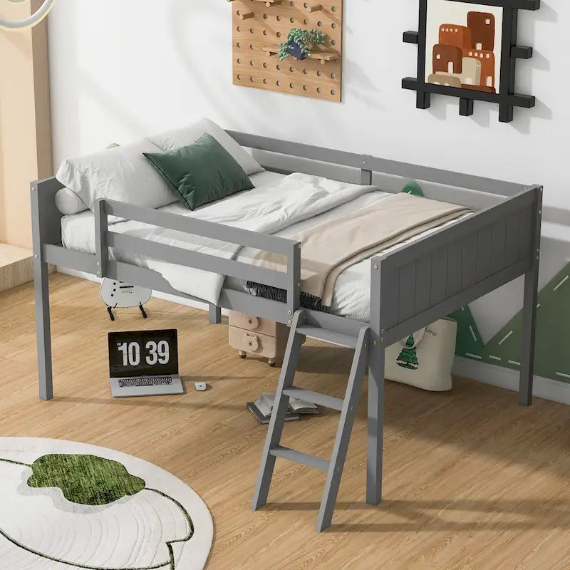 Gray Full Size Solid Wood Low Loft Bed with Ladder and Fence Baffle, and Wood Slats Support for Bedroom