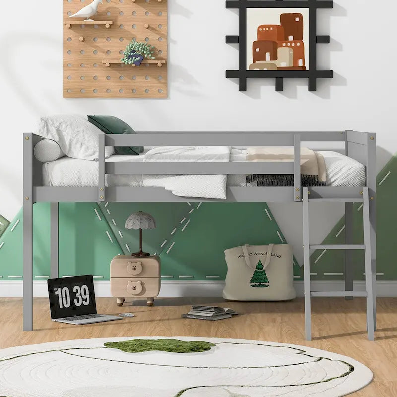 Gray Full Size Solid Wood Low Loft Bed with Ladder and Fence Baffle, and Wood Slats Support for Bedroom