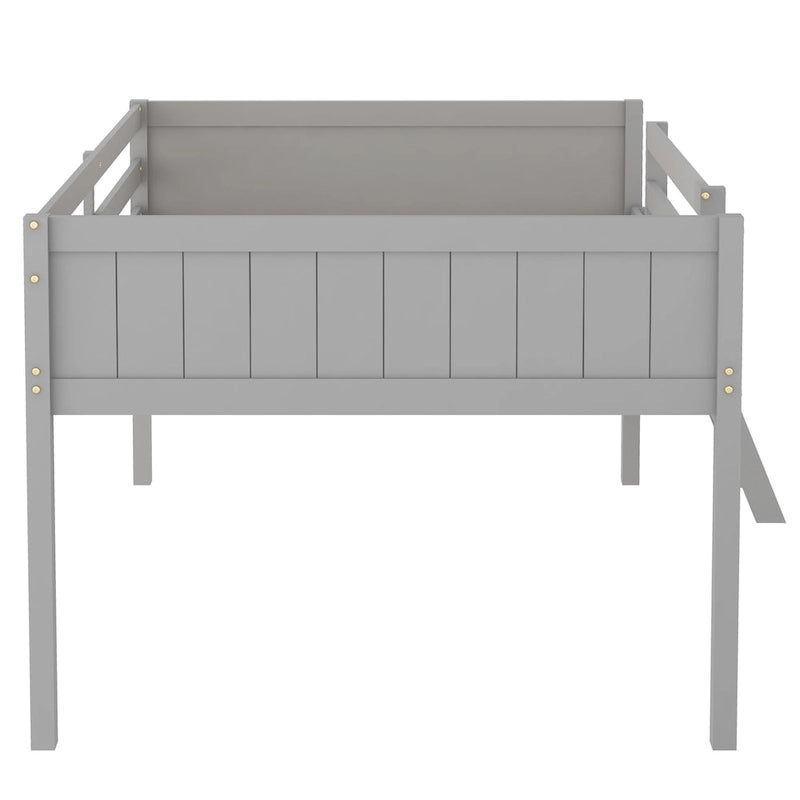 Gray Full Size Solid Wood Low Loft Bed with Ladder and Fence Baffle, and Wood Slats Support for Bedroom