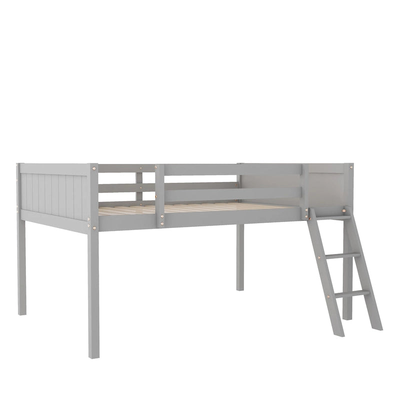 Gray Full Size Solid Wood Low Loft Bed with Ladder and Fence Baffle, and Wood Slats Support for Bedroom