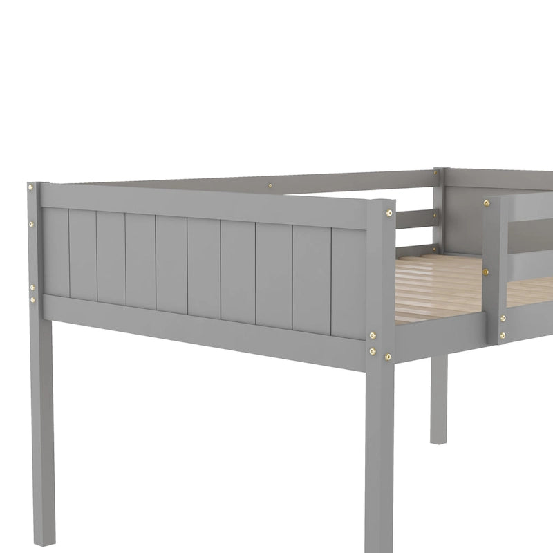 Gray Full Size Solid Wood Low Loft Bed with Ladder and Fence Baffle, and Wood Slats Support for Bedroom