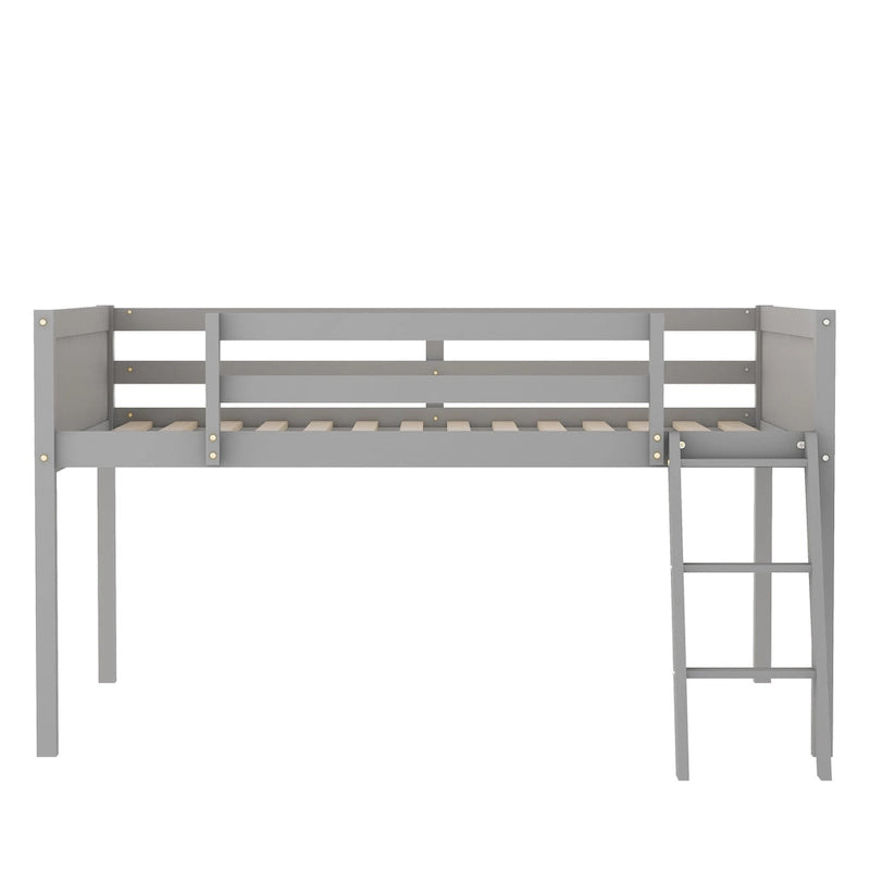 Gray Full Size Solid Wood Low Loft Bed with Ladder and Fence Baffle, and Wood Slats Support for Bedroom