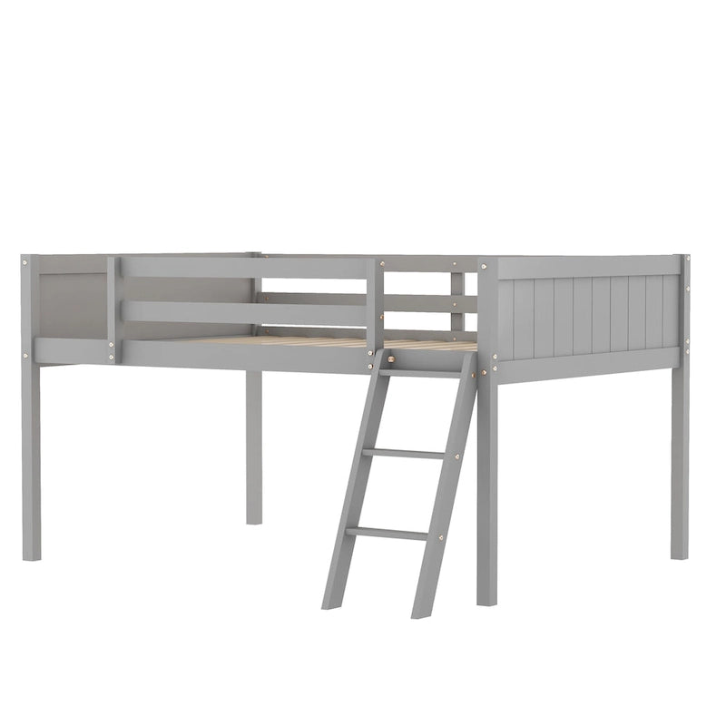 Gray Full Size Solid Wood Low Loft Bed with Ladder and Fence Baffle, and Wood Slats Support for Bedroom
