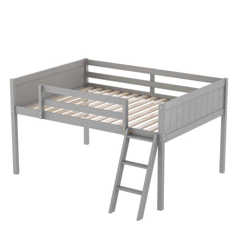 Gray Full Size Solid Wood Low Loft Bed with Ladder and Fence Baffle, and Wood Slats Support for Bedroom