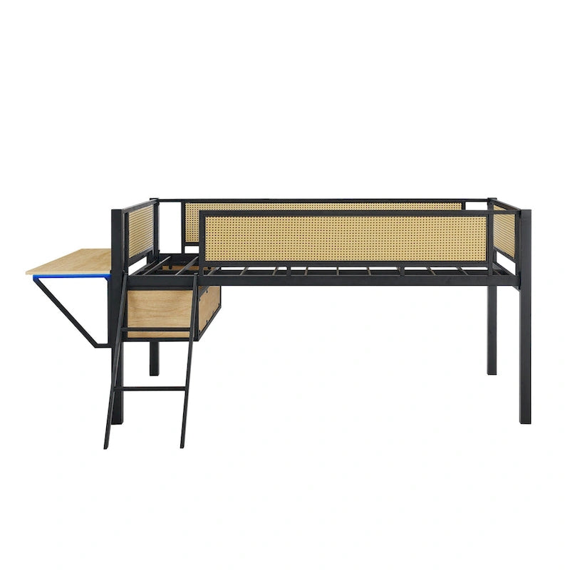 Black+Natural Twin Size Metal Loft Bed with Rectangular Desk and Storage