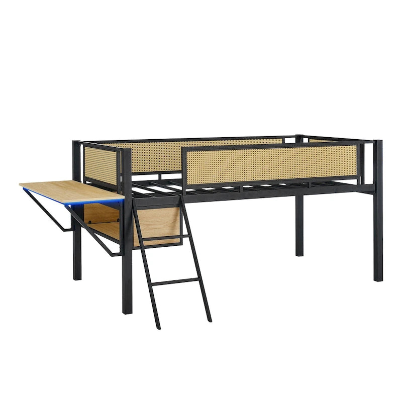 Black+Natural Twin Size Metal Loft Bed with Rectangular Desk and Storage