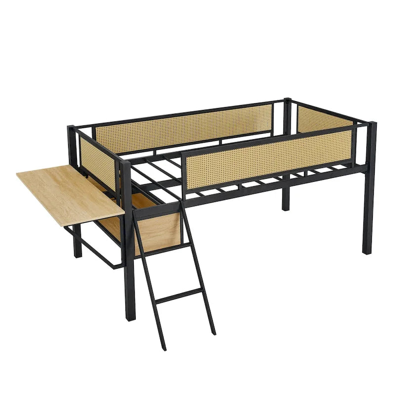Black+Natural Twin Size Metal Loft Bed with Rectangular Desk and Storage