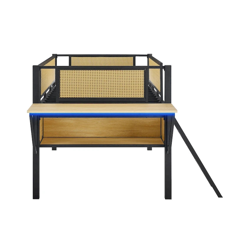 Black+Natural Twin Size Metal Loft Bed with Rectangular Desk and Storage