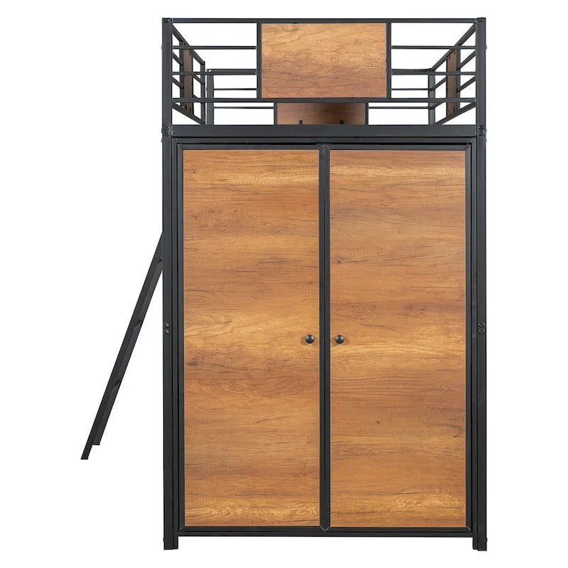 Black Twin Size Metal Wood Loft Bed with L-shaped Desk and Wardrobe