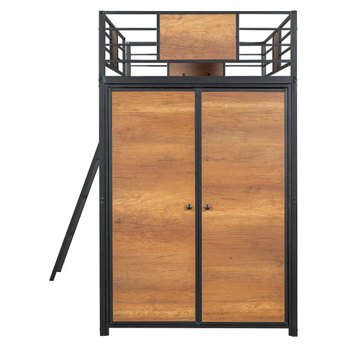Black Twin Size Metal Wood Loft Bed with L-shaped Desk and Wardrobe