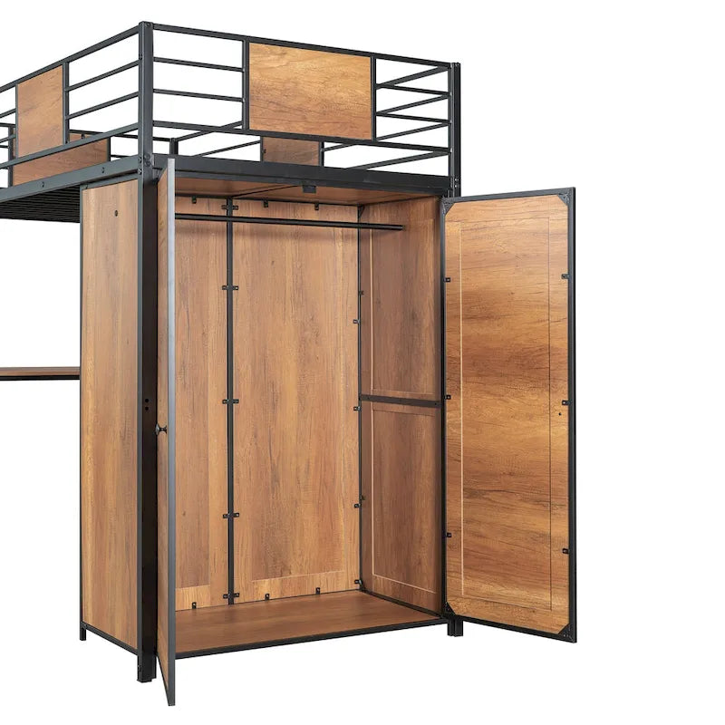 Black Twin Size Metal Wood Loft Bed with L-shaped Desk and Wardrobe