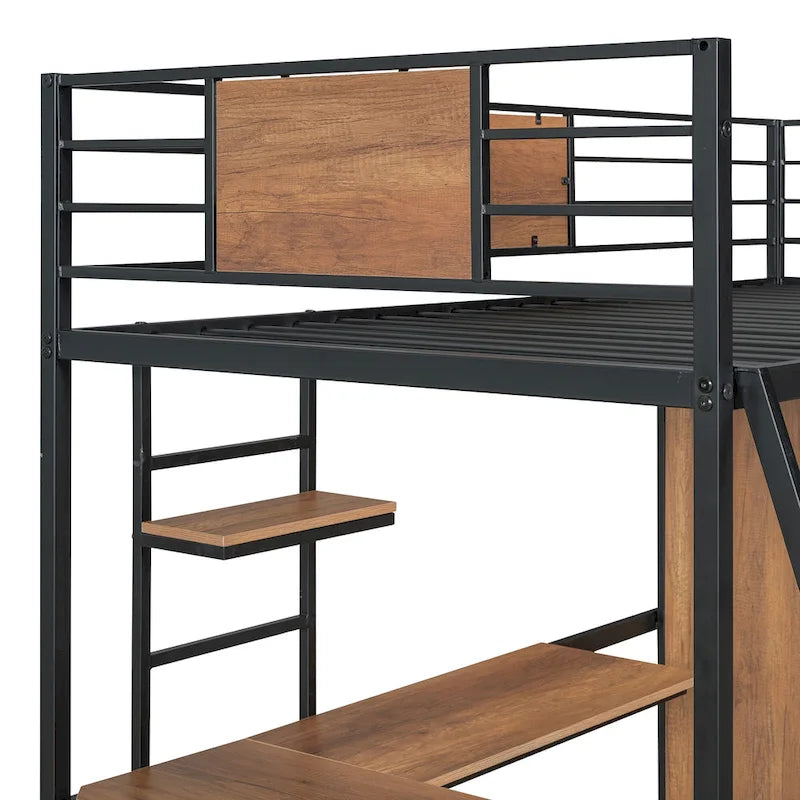 Black Twin Size Metal Wood Loft Bed with L-shaped Desk and Wardrobe