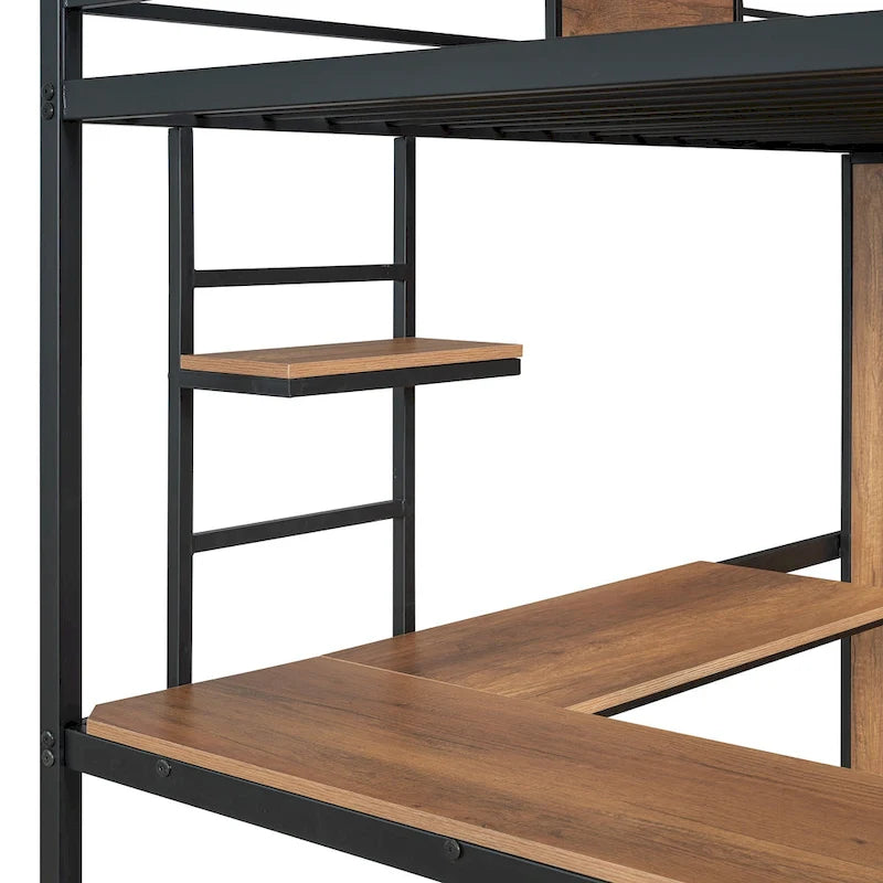 Black Twin Size Metal Wood Loft Bed with L-shaped Desk and Wardrobe
