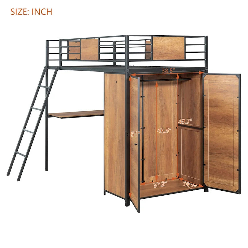 Black Twin Size Metal Wood Loft Bed with L-shaped Desk and Wardrobe