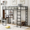 Black Twin Size Metal Loft Bed with Ladder, Fence, Shelves, and Desk