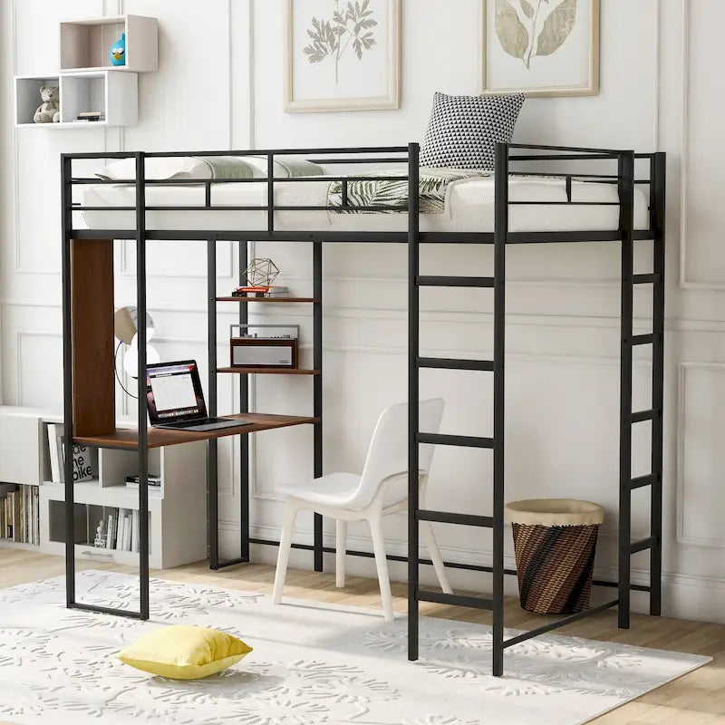 Black Twin Size Metal Loft Bed with Ladder, Fence, Shelves, and Desk
