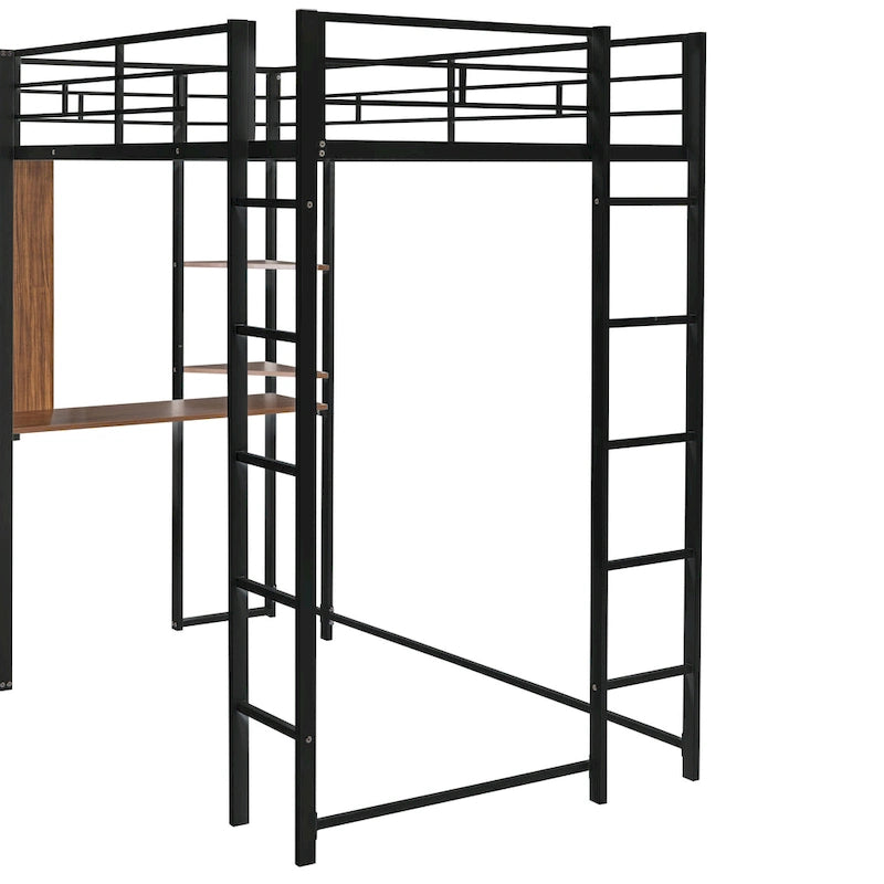 Black Twin Size Metal Loft Bed with Ladder, Fence, Shelves, and Desk