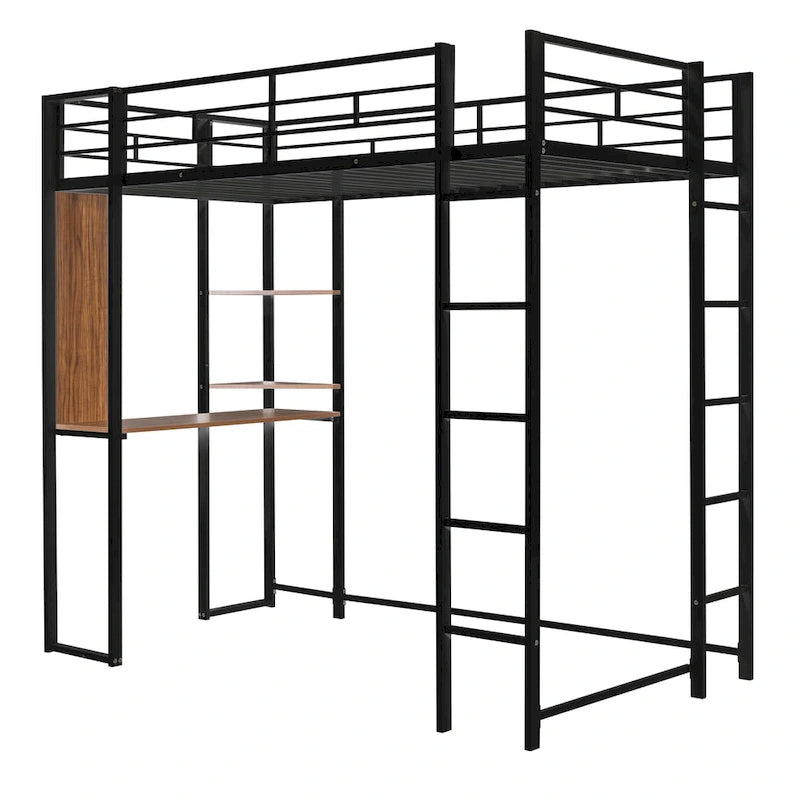 Black Twin Size Metal Loft Bed with Ladder, Fence, Shelves, and Desk
