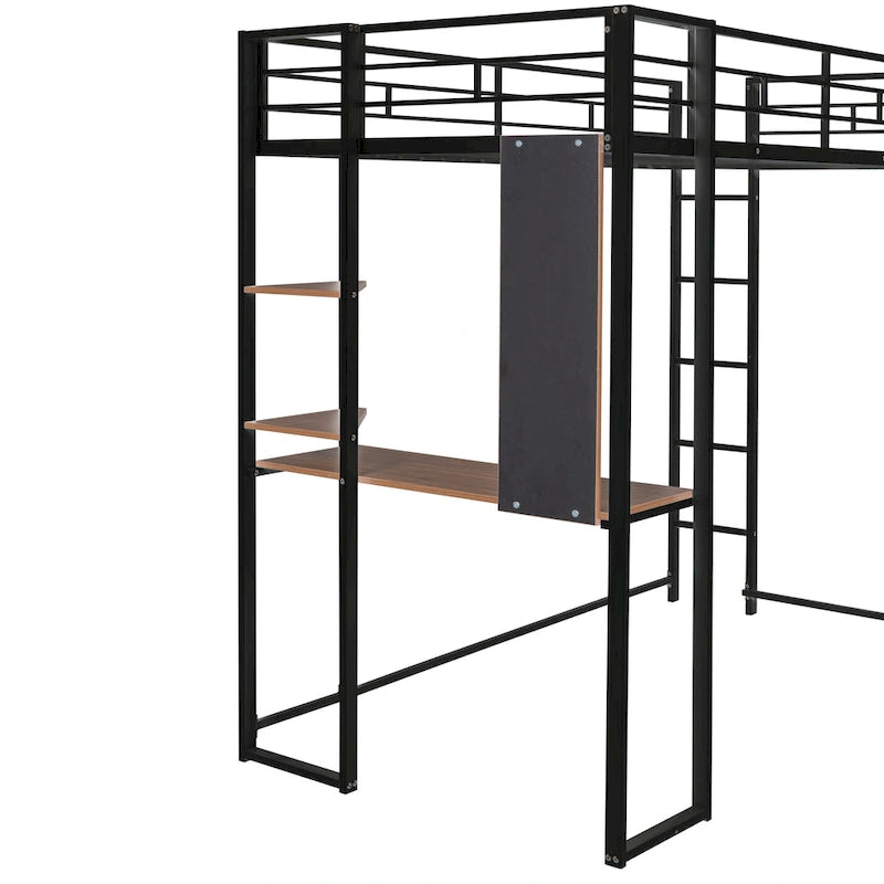 Black Twin Size Metal Loft Bed with Ladder, Fence, Shelves, and Desk