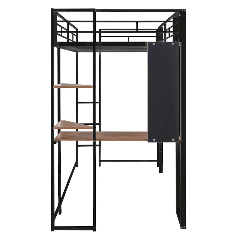 Black Twin Size Metal Loft Bed with Ladder, Fence, Shelves, and Desk