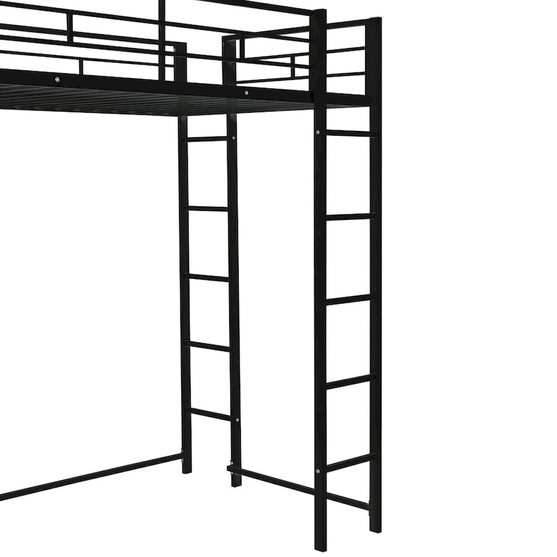 Black Twin Size Metal Loft Bed with Ladder, Fence, Shelves, and Desk