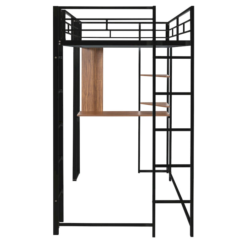 Black Twin Size Metal Loft Bed with Ladder, Fence, Shelves, and Desk
