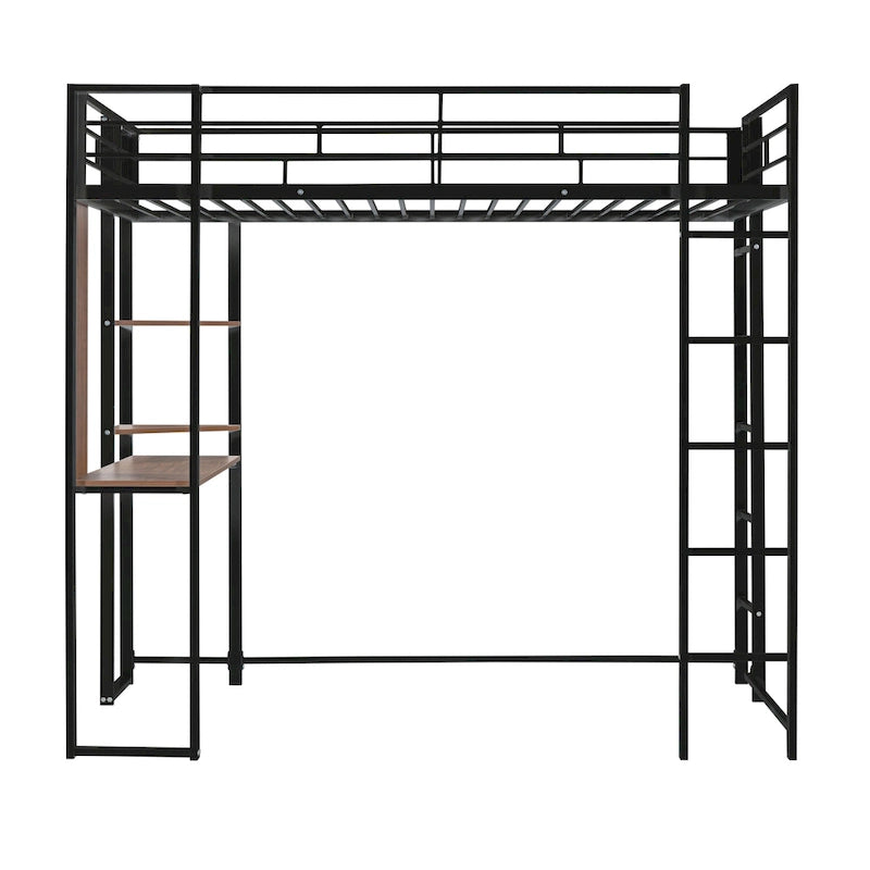 Black Twin Size Metal Loft Bed with Ladder, Fence, Shelves, and Desk